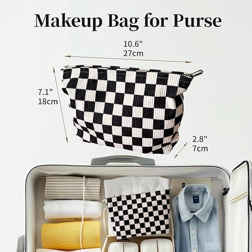 Itgowisa Checkered Corduroy Makeup Bag for Women, Black and White Gingham Cosmetic Bag with Zipper, Corduroy Travel Toiletry Bag, Sunscreen Sunblock Spf Bag, Hygiene Medicine Pouch,Organizer for Purse thumbnail 3