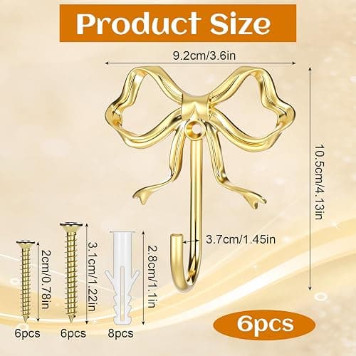 HJZHII 6 Pcs Gold Bow Wall Hook, Large Bow Knot Coat Hooks Metal Bowknot Wall Door Hanger Decorative Holder for Bags Bath Towels Coats Hats Coffee Mugs Room Decorations thumbnail 3