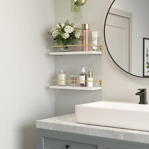 RICHER HOUSE Bathroom Shelves, Small Floating Wall Shelf for Bathroom Decor, Wall Mounted Wood Shelves, Bathroom Organizer Over Toilet Storage, Guard-Rail Kitchen Shelves Set of 2 - White Gold thumbnail 5