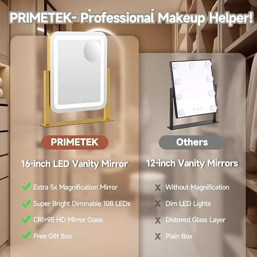 PRIMETEK Vanity Mirror with Lights, 16"x14" Large LED Lighted Makeup Mirror, Hollywood Makeup Mirror, Touch Screen, 3-Color Lighting, 5X Magnification, for Vanity Desk Tabletop, Bedroom, Gold thumbnail 6