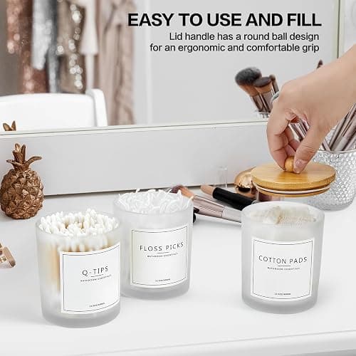 3 Pack Qtip Holder Bathroom Set with Tray,13.5oz Cotton Round Ball Pad Holder Cotton Swab Floss Pick Dispenser,Glass Apothecary Jars Canisters with Lids,Bathroom Organizers and Storage Container thumbnail 2