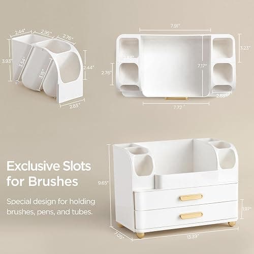 HBlife Makeup Organizer for Vanity with Brush Holder, Large Bathroom Countertop Cosmetic Organizer Skin Care Storage, Easy to Store Lipsticks, Nail Polishes, Perfumes, Eyeshadow Palettes, All White thumbnail 3