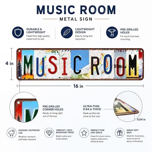 Music Room Vintage Metal Tin Sign, License Plate Style Wall Decor, Colorful Retro Design 4×16 Inch (26002) thumbnail 3