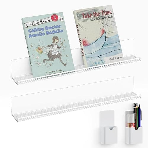DTUQYX Metal Magnetic Book Shelf: 17” Magnetic Bookshelves for Whiteboard 2-Pack with 2 Pen Containers Strong Adsorption, Durable Floating Book Display Shelf, Movable Office File Holder (White) - Image 1