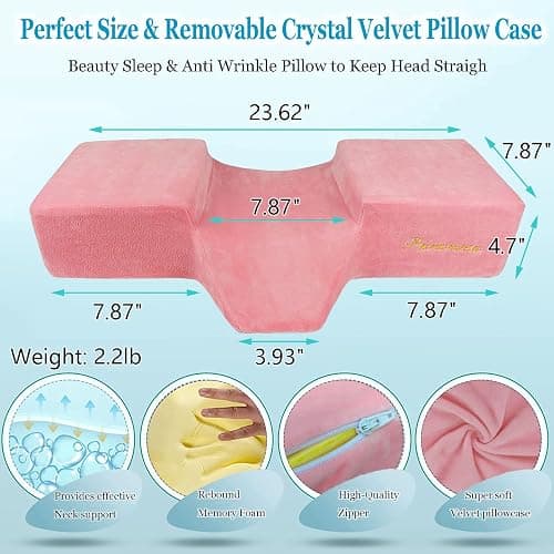 Puransen Lash Bed Pillow with Neck & Back Support - Curved Memory Foam Beauty Pillow for Eyelash Extensions & Salon Services, Two Pockets for Tools on The Sides of Removable Velvet Pillowcase (Pink) thumbnail 2