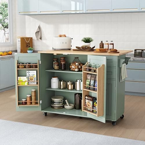 HLR Kitchen Island with Storage, Sage Green Rolling Kitchen Cart on Wheels with Drop-Leaf Bar Countertop, Islands Prep Table with Side Open Spice Rack and Tower Rack, Extra Storage for Kitchen - Green - Image 1