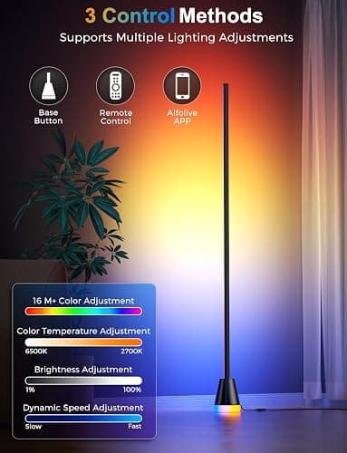 Alfolive Corner Floor Lamp, Smart RGB Lamps for Living Room Bedroom, APP & Remote Control Tall Standing LED Lights, 16 Million DIY Colors Modern Ambient Lighting with Music Sync & Timer, Jet Black thumbnail 4