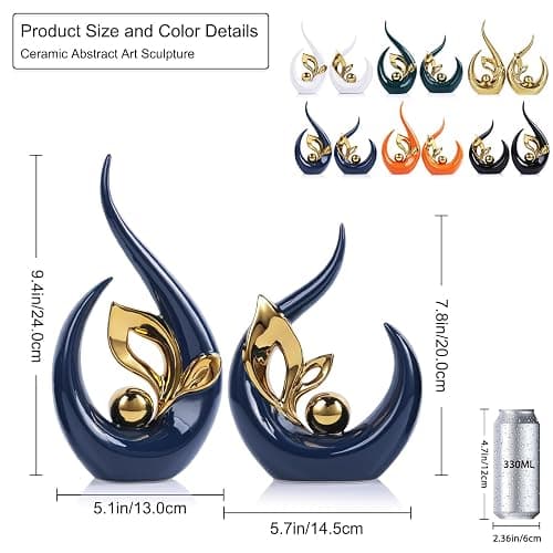 9.4" H Blue Gold Abstract Sculptures Home Decor, Ceramic Art Statue Cool Stuff to Put on Shelves&tv Stand Decor, Gold Accent Entertainment Center, for Fireplace Coffee Table Dining Table Decorate thumbnail 3