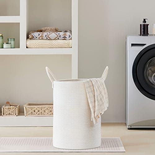 VIPOSCO 58L Tall Woven Laundry Basket Hamper, White | Cotton rope basket, collapsible wicker hamper, panier a linge, storage for gift, blanket, dirty clothes, for bathroom thumbnail 7