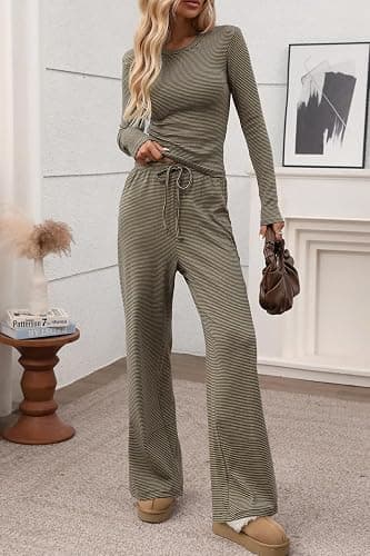 CHYRII Womens Two Piece Sets Fall Fashion Striped Long Sleeve Tops Wide Leg Palazzo Pants Outfits Loung Sets thumbnail 2