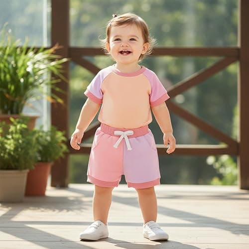 allshope Newborn Baby Girl Summer Outfit Set Contrast Color Romper Jumpsuit Tops Shorts Cute Infant Clothes thumbnail 3