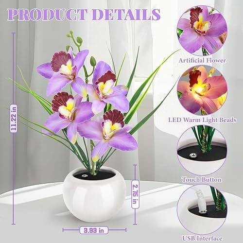 Strackvial Artificial Flower Night Light, Touch Stepless Dimming USB Rechargeable Orchid Flower with Vase Lamp, LED Table Lamp Decorative Landscape Lights for Festival Party Home Decor (Purple) thumbnail 3