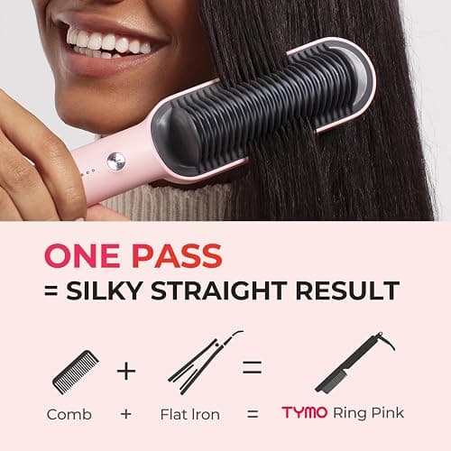 TYMO Hair Straightener Brush, Flat Iron & Hair Brush 2 in 1 for Straightening Hair, Anti-Scald Hot Comb, 5 Temp for All Hair Types (130℃~210℃), Finish with Smooth, Shiny Hair，TYMO RING (Pink) - Pink thumbnail 2