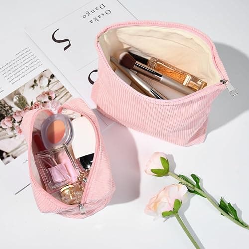 SOIDRAM 2 Pieces Makeup Bag Large Corduroy Cosmetic Bag Capacity Canvas Mix Travel Toiletry Bag Organizer Cute Makeup Brushes Aesthetic Accessories Storage Bag for Women, Corduroy Mix Pink thumbnail 5