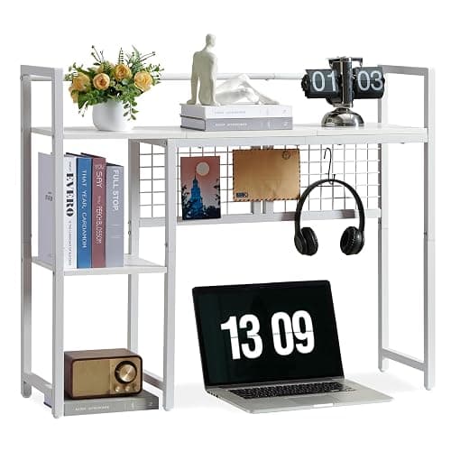Grecodown 4-Tier Desk Hutch Shelf with Grid Panel, 36” Desktop Bookshelf for Monitor, Office & Home (White, 36") - Image 1