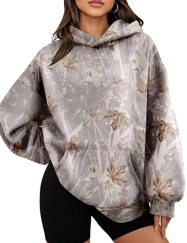 JEIBKOUY Womens Oversized Camo Hoodie Y2k Maple Leaf Print Fleece Hooded Pullover Sweatshirt Casual Long Sleeve Fall Outfits - Image 1