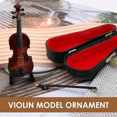 10CM Miniature Violin - Tiny Wooden Musical Instrument Model with Stand, Bow & Black Leather Case - Worlds Smallest Emergency Violin for Kids Gift & Decorating thumbnail 5
