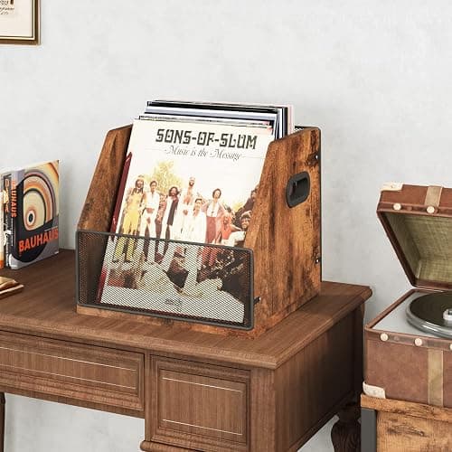 Homeiju Vinyl Record Storage, Record Box Case Crate, Vinyl Record Album Holder, Metal & Wooden LP Record Crate, Holds up to 60 Records thumbnail 4