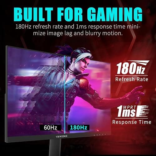 Viewedge 24 Inch Gaming Monitor with 180Hz, VA 1ms, FHD 1080p and HDR 10 PC Computer Monitor with 100% sRGB, Bluelight Filter, 2 HDMI & 1 DP Port, Support Freesync and Wall Mounted thumbnail 2