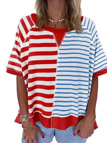 Womens 2025 Oversized Short Sleeve Sweatshirt Striped Shirt Crewneck Pullover Loose Crop Tops - Red and Blue - Large - Image 1