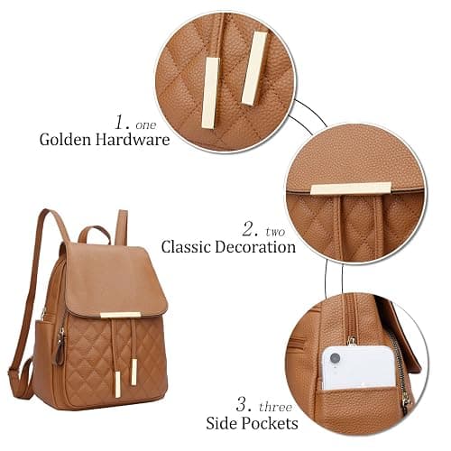 KKXIU Quilted Trendy Leather Backpack Purse for Women and Ladies Shoulder Travel Daypacks Bags with Wristlets (Y-Brown) thumbnail 3