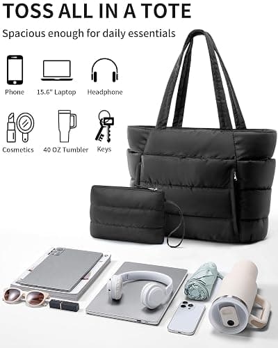 Puffer Tote Bag for Women, Lightweight Puffy Work Handbag Teacher Nurse Quilted Shoulder Bag for School Travel Gym thumbnail 6