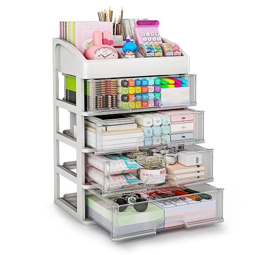 Desk Organizer with 4 Drawer Storage, Desktop Drawers Organizer for Office/School Supplies, Plastic Stationary Makeup Organizer, Desk Storage Box Organizer for Office, School, Bathroom - Image 1