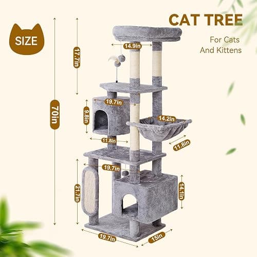 Hoopet 70-Inch Large Cat Tree for Multiple Cats Cat Tower with 2 Condos, Scratching Posts, Hammock & Platform, Plush Perch for Indoor Activity Relaxing Easy Assembly Grey thumbnail 2