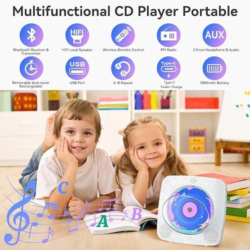 CD Player Portable: Kegaudio CD Players for Home with Speakers Bluetooth | White Wall Mounted CD Player with Radio, Remote Control, Removable Dust Cover Support USB/AUX Playback Headphone jack thumbnail 2