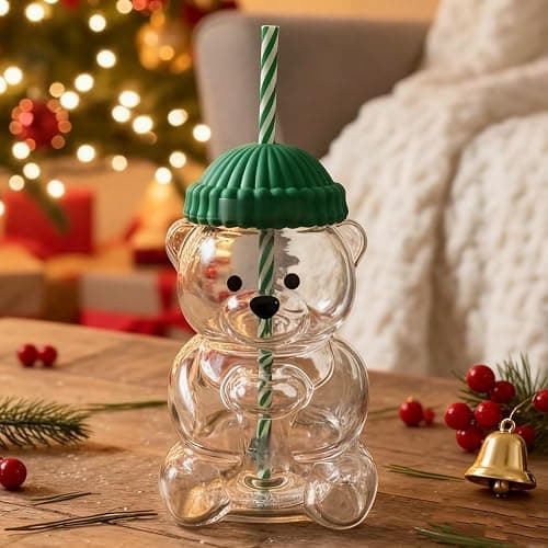 Bear Straw Cup, Cute Baby Straw Cups Glass, Honey Bear Cup with Straws, Cute Mugs for Coffee Drinks Milk Tea Juice 20oz Honey Bears Straw Cups for Home Party Holiday Christmas thumbnail 3