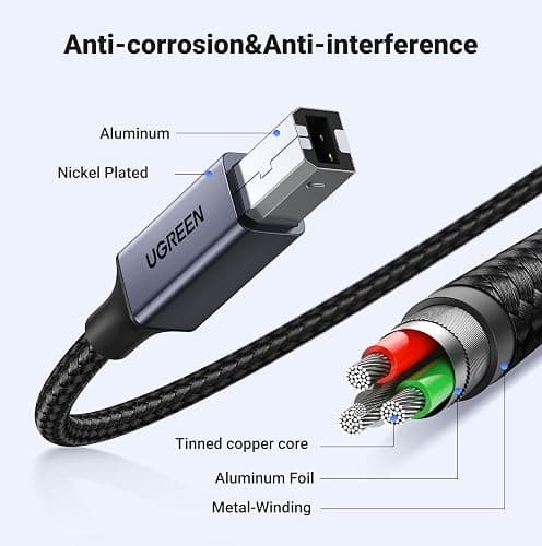 UGREEN USB B to USB C Printer Cable, Type B 2.0 Braided Data Lead for MacBook Pro/Air, HP/Epson/Canon Printer, Scanner, MIDI Cable Compatible with MIDI Controller/MIdI Keyboard/Musical Instrument (1M) thumbnail 6