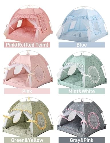 Selena Cat Bed Tents Dog House Indoor Outdoor Lace Mesh Breathable Windows Door Curtains Removable Portable Nest Teepe House (Small,Pink(Ruffled Teim)) thumbnail 5
