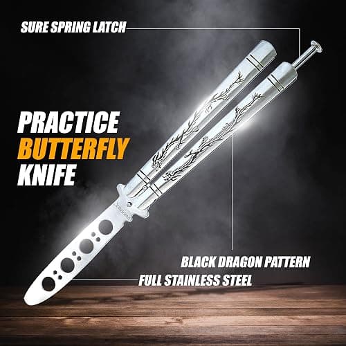 VORNNEX Practice Butterfly knife Trainer with Sure Spring Latch, Full Stainless Steel Black Dull Balisong, Unsharpened Butterfly knives Comb for CSGO Training(Silver) thumbnail 4