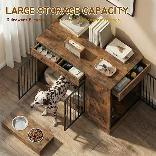 Large Dog Crate Furniture with Storage, Indoor Dog Kennel with 3 Drawers & 2 Feeding Bowls, Furniture Style Wooden Dog Crates for Large/Medium Dogs thumbnail 4
