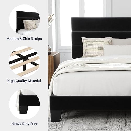 Allewie King Size Platform Bed Frame with Velvet Upholstered Headboard | Wooden Slats Support, Fully Upholstered Mattress Foundation, No Box Spring Needed, Easy Assembly, Noise-Free, Black thumbnail 6