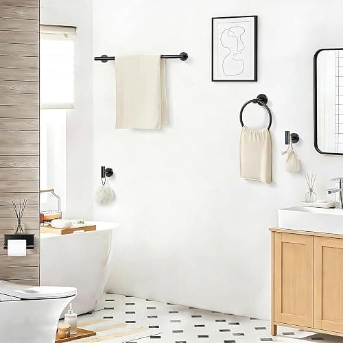5-Piece Matte Black Bathroom Accessories Set, 24-Inch Wall-Mounted Towel Bar, Toilet Paper Holder with Shelf, SUS 304 Stainless Steel Bath Hardware, Towel Rack for Bathroom, Kitchen, Laundry Room thumbnail 2