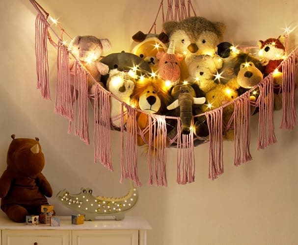Stuffed Animal Hammock Corner Net with LED Light - Toy Storage Holder - Pink Cute Room Bedroom Decor for Teen Girls - Cute Bedroom Aesthetic Stuff for Baby Nursery Toddler Kids 8-10 - 12 Years Old thumbnail 6