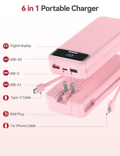 20000mAh Lightweight-Portable-Charger-Power-Bank with Built-in Cables and AC Wall Plug, PD20W USB-C Fast Charging Battery Pack, LED Display External Travel Phone Charger for All iPhone,Samsung,Android thumbnail 2