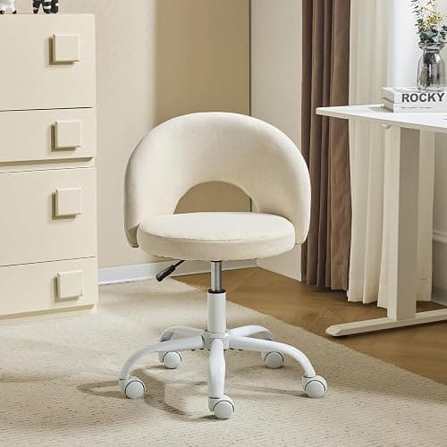 VINGLI Small Vanity Chair with Wheels for Girls.Cute Modern Adjustable Height Armless Office Desk Chair.360°Swivel Comfy Rolling Chair for Study, Make up Room,Small Space,Linen Light Yellow - Image 1