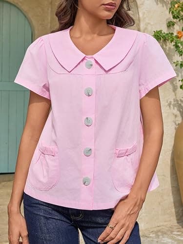 Tankaneo Womens Peter Pan Collar Button Down Shirts Short Sleeve Summer Casual Babydoll Blouse Cute Trendy Cotton Preppy Tops thumbnail 3