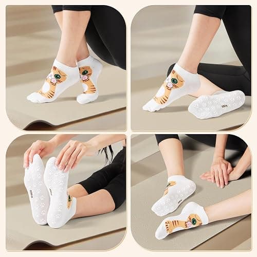 Non Slip Grippy Socks for Women Girls 5 Pack Cute Cat Grip Socks Pilates Slippers Footies for Yoga Barre Hospital thumbnail 2