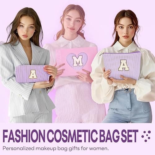 2 PCS Initial Makeup Bags for Women: Cosmetic Bag for Travel Toiletry - Birthday Gifts for 11 12 13 14 15 16 17 18 Years Old Girl Graduation Teacher Gift- Teen Girl Gifts Trendy Stuff - Purple T thumbnail 2