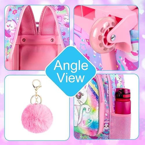 4PCS Kids Rolling Backpack for Girls, Cute Cat Sequin Wheeled Bookbag, Pink Roller School Bag with Wheels for Elementary Preschool Travel thumbnail 5