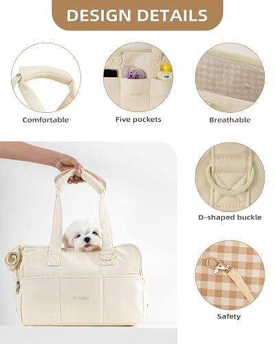 Dog Purse Carrier for Small Dogs Rabbit cat with Large Pockets, Cotton Bag, Dog Carrier Soft Sided, Collapsible Travel Puppy Carrier (Beige, 13.6" L x 6.5" W x 10" H) thumbnail 5