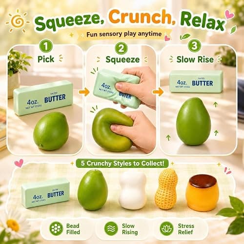 5 Pack Crunchy Squishy Squeeze Stress Squishies Ball Asmr Bead Filled | Butter Mango Peanut Soap Pudding Potato, Stress Stick Rebound Calming Desk Decor Moldable Adults Party Favor thumbnail 3
