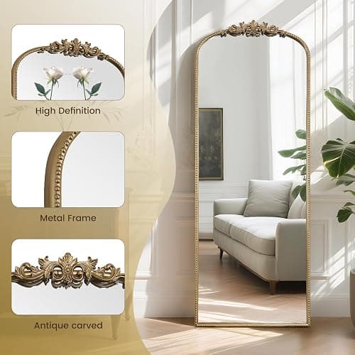 WallBeyond Arched Full Length Mirror Wall Mounted, 21x56 Inch Gold Antique Mirror, Vintage Metal Frame Full Body Mirro for Bedroom, Living Room, Hanging or Leaning thumbnail 8