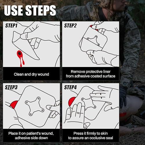 RHINO RESCUE Vented Chest Seal, 4 Vents, Sterile Emergency Trauma Dressing, Occlusive Adhesive Pad, IFAK Trauma Refill Medical First Aid Supplies for Wound Care, Gunshot Wound, Sucking Chest(2 Count) thumbnail 4