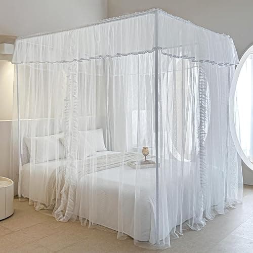 AIKASY 4 Corners Post Ruffle Princess Bed Canopy Curtain - Double Layer Cozy Drape Netting with 4 Openings - Elegant Mosquito Net for Girls and Adults Bedroom Decoration (White, Queen) thumbnail 5