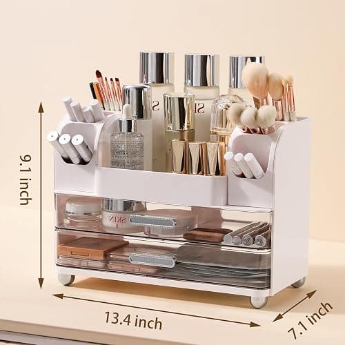 Anyoifax Makeup Organizer Countertop with Large Drawers, Vanity Organizer with Brush Holder, Skin Care Storage for Dresser, Perfume Organizer for Lotion, Lipsitck, Palette, White thumbnail 3