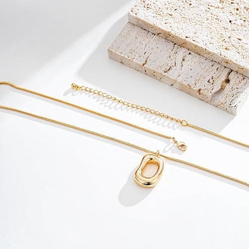 SHANTYSON Gold Tone Irregular Oval Pendant Necklace for Women, Minimalist Chunky Snake Chain Necklace, Dainty 14K Gold Plated Statement Long Necklace thumbnail 7